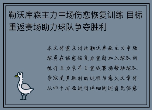 勒沃库森主力中场伤愈恢复训练 目标重返赛场助力球队争夺胜利