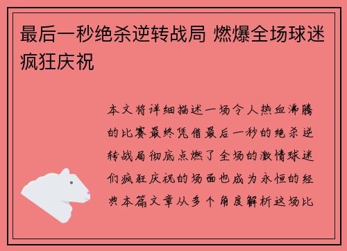 最后一秒绝杀逆转战局 燃爆全场球迷疯狂庆祝